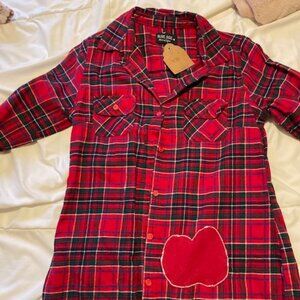 100% Cotton vintage upcycled red plaid flannel shirt with apple patch